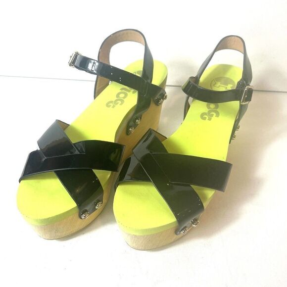 Flogg Glossy Black Neon Green Open Toe Ankle Strap Platform Sandals Women's Sz 7 - Picture 2 of 11